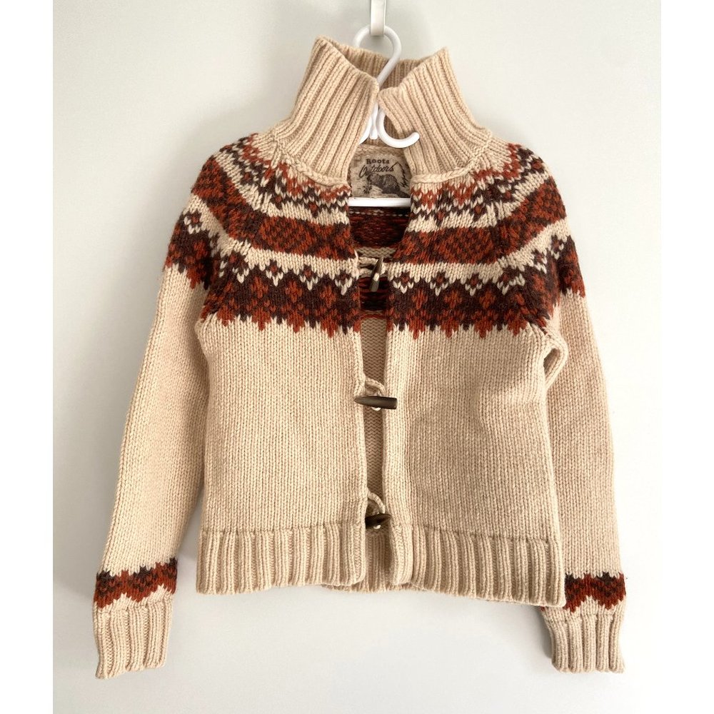 ROOTS • Fair Isle Cardigan • Rare • 100% wool • Like New • Sz Small • Outdoors